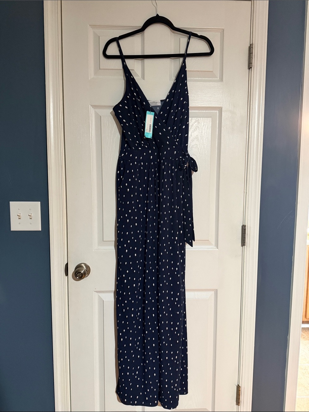 Kaileigh Navy Blue Polka Dot Wrap Jumpsuit